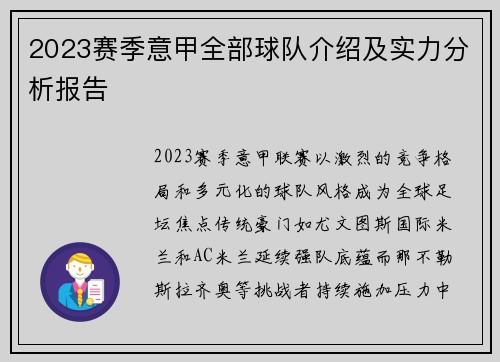 2023赛季意甲全部球队介绍及实力分析报告