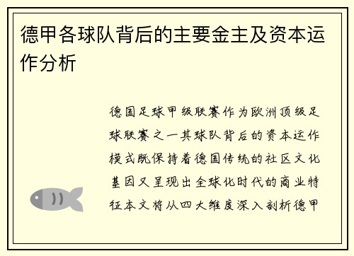德甲各球队背后的主要金主及资本运作分析