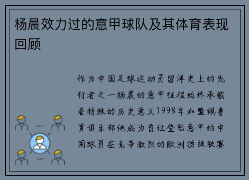 杨晨效力过的意甲球队及其体育表现回顾